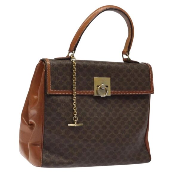 CELINE Macadam Canvas Hand Bag PVC Leather Brown Gold - Picture 1 of 15